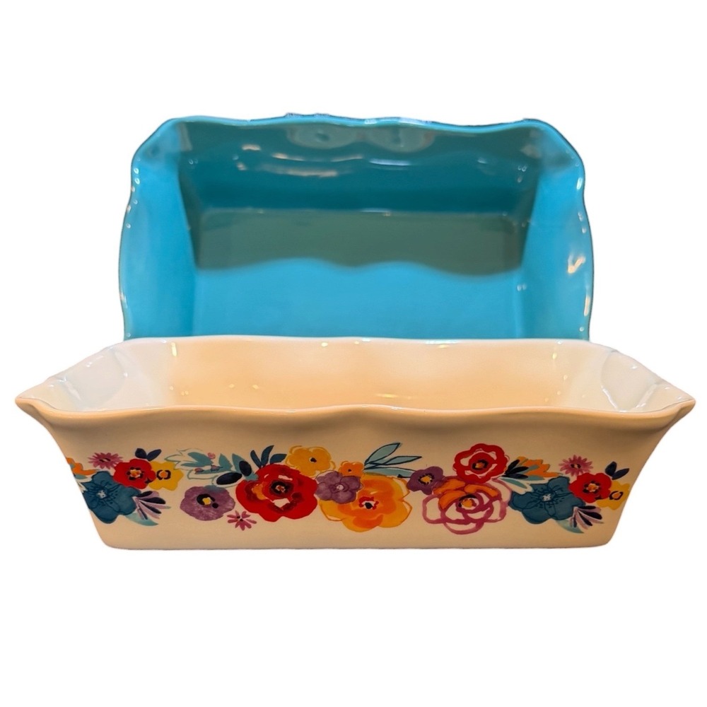 The Pioneer Woman Ceramic Baking Dish Set 2pc Floral & Teal Scalloped Stoneware
